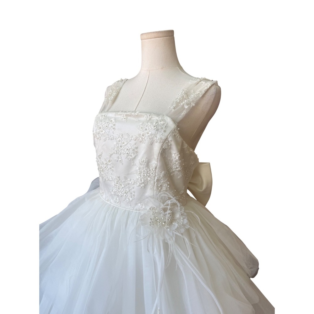 Vintage Tulle Beaded Tiered Ruffle A-Line Tea Length Wedding Dress Size 16 Bow - Picture 4 of 12